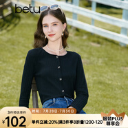 百圖betu女裝秋新款T恤圓領(lǐng)長袖精致蝴蝶結(jié)紐扣針織T恤女2308T19 黑色 M