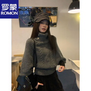羅蒙（ROMON）蝙蝠袖毛衣女冬季上衣灰色麻花高領(lǐng)蝙蝠袖短款韓系慵懶感針織 灰色 L 100-110斤