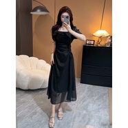 有女人味的連衣裙泡泡袖方領(lǐng)修身連衣裙女夏2025新款時(shí)尚氣質(zhì)減齡 黑色連衣裙 S建議80-100斤 均碼