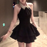 PMWRUN2025夏季千金感連衣裙“香香小姐”手工坊領(lǐng)口繡鉆掛脖收腰連衣裙 黑色 S