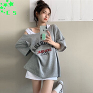 CS.LIONt恤女大版露肩寬松韓版中長(cháng)款2025年夏季新款慵懶風(fēng)短袖上衣ins潮 灰T恤+白背心 M 86-105斤
