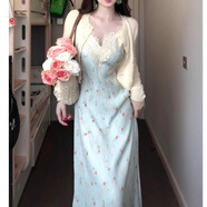 伴夕法式碎花V領(lǐng)吊帶連衣裙女2025夏季新款氣質(zhì)優(yōu)雅純欲風(fēng)顯瘦長(zhǎng)裙 藍(lán)色蕾絲深v吊帶【不含開(kāi)衫】 M 【建議100-120斤左右】