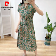 皮爾卡丹（pierre cardin）收腰連衣裙女2025夏季大碼v領(lǐng)短袖棉綢寬松顯瘦中長(cháng)款裙子減齡潮 綠色卡其花朵 3XL 適合90-125斤
