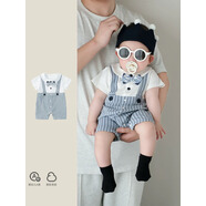 G. DUCKKIDS嬰兒衣服包屁衣嬰兒夏季男寶寶周歲禮服夏裝小紳士假兩件短爬6-12 假兩件藍色條紋哈衣25X211 90cm