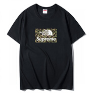 Supreme新款聯(lián)名迷彩印花方塊圓領(lǐng)短袖T恤純棉男女情侶半袖打底衫 黑色 S 建議70-80斤