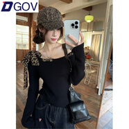 DGOV黑色豹紋斜肩針織打底衫女春季設(shè)計感露肩毛衣短款chic甜辣妹上衣 黑色【zt】 S 【70-85斤】