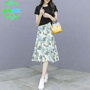 YOMC小個(gè)子時(shí)尚套裝2025年夏季新款女洋氣t恤碎花雪紡連衣裙子兩件套 2040#黑色上衣+裙子 L 【建議105-120斤】