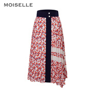 MOISELLE慕詩(shī)復(fù)古印花不規(guī)則壓褶雪紡裙優(yōu)雅撞色半身裙5T325 淺紅色 36/S 均碼