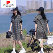 皮爾卡丹（pierre cardin）夏季大碼休閑Polo領(lǐng)條紋連衣裙胖mm230斤寬松遮肚蝙蝠袖過(guò)臀T恤裙 黑白條紋款 L 建議90-119斤