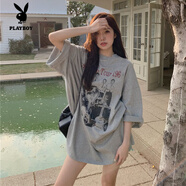 花花公子（PLAYBOY）美式復(fù)古中長款BF風(fēng)純棉短袖T恤男女大碼胖mm夏季寬松情侶裝上衣 淺灰色 L 建議101-115斤