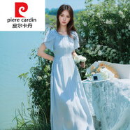 皮爾卡丹（pierre cardin）針織2025夏季新款氣質(zhì)荷葉領(lǐng)長裙女溫柔法式桔梗收腰藍(lán)色雪紡連衣 淺藍(lán)色 S