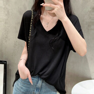 短袖V領(lǐng)薄款2025t恤夏季女裝寬松顯瘦打底衫小眾體恤休閑百搭上衣 黑色 L