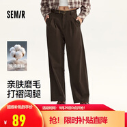 森馬（Semir）休閑褲女純棉打褶闊腿褲腰帶秋復(fù)古磨毛長褲顯腿長101524127005A
