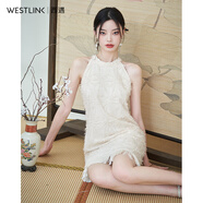 西遇小香風(fēng)重工提花流蘇連衣裙2025夏氣質(zhì)收腰掛脖裙子 米白色 M