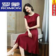 羅蒙（ROMON）真絲連衣裙夏修身顯瘦短袖a字裙通勤氣質(zhì)中長裙媽媽裙子女 紅色 XL