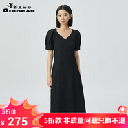 哥弟真的好（GIRDEAR）女裝復古V領(lǐng)泡泡袖高腰連衣裙洋裝小黑裙8500148 黑 S (2碼)