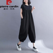 皮爾卡丹大碼女裝夏季文藝棉麻背帶褲女寬松束腳九分褲顯瘦洋氣連體燈籠褲 黑色 2XL 【建議150-200斤】