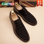 卡帝樂(lè )鱷魚(yú)（CARTELO）2025春秋新款韓版尖頭皮鞋系帶時(shí)尚商務(wù)磨砂拼接潮流增高休閑鞋子 黑色 39