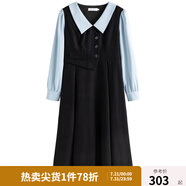 獨束大碼女裝假兩件撞色襯衫領(lǐng)連衣裙女秋冬微胖mm文藝復(fù)古穿搭裙子 墨染黑【適合160左右】 XL