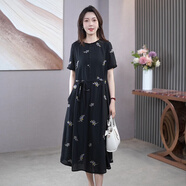 阿吉多阿吉多刺繡短袖連衣裙女今年夏季新款小黑裙系帶收腰大碼裙子 黑色 L