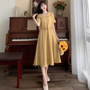 景怡依顯瘦連衣裙寬松加肥減齡200斤大碼胖妹妹夏天女裝遮肚胖人胖學(xué)生 黃色 XL