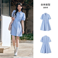 FHHUABD【連衣裙清倉】女氣質(zhì)黑色復古長(cháng)裙2025夏季流行連衣裙新 俏皮襯衫裙-藍色調 L