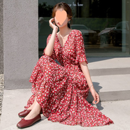 Radinka2025夏新款V領粉色碎花雪紡連衣裙顯瘦高腰長裙超仙女氣質(zhì)連衣裙 小果碎花紅色裙子 2XL