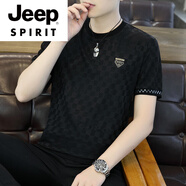 JEEP SPIRIT高檔男士冰|絲短袖t恤2025夏季新款桑蠶絲高端圓領(lǐng)體恤衫半袖上衣 黑色 M 90-110斤