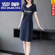羅蒙（ROMON）輕純棉短袖A字裙子女連帽連衣裙夏季女中長款休閑運動T恤裙女 藏青色Vaintgae】 印花 L