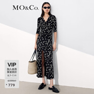 MO&Co.夏季V領(lǐng)開衩立裁印花長裙MBA2DRST29 摩安珂moco 黑底白花色 L