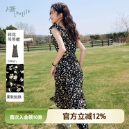 片斷連衣裙女2025夏季新款v領(lǐng)小飛袖收腰田園浪漫a字裙碎花長(zhǎng)裙 黑白 M