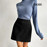 ZKHE灰色短裙女新款春秋天今流行加厚a字毛呢半身裙子 黑色 S