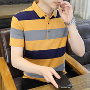 VACK 夏季男裝翻領(lǐng)短袖T恤男純棉條紋男士夏天半袖寬松POLO衣服男潮流 2323黃色 M (體重100-115斤)