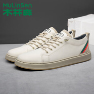 木林森（mulinsen）【手工上線】【透氣帆布鞋】男鞋大碼小碼輕奢復(fù)古板鞋男士休閑鞋 米白LK-86120 39