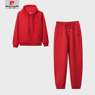 皮爾卡丹（pierre cardin）2025春新款名媛淑女純棉鏈條褲套裝時尚休閑兩件套女裝透氣多巴胺 楓葉紅 套頭連帽束腳時尚套裝 M