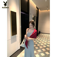 花花公子（PLAYBOY）吊帶連衣裙女夏收腰顯瘦顯身材魚尾裙包臀u領(lǐng)長(zhǎng)裙無(wú)袖針織背心裙 紅色披肩 均碼
