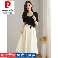 皮爾卡丹（pierre cardin）方領顯瘦連衣裙法式黑白拼接收腰裙子 黑色長款 L