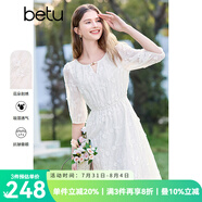 百圖betu女裝2025春季新款連衣裙圓領(lǐng)立體小花朵刺繡裙子女2502T79 米白 XS