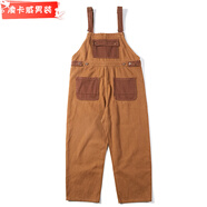 凌卡戚EAHO美式復古潑墨彩色牛仔背帶褲男工裝街頭寬松百搭休閑連體長(cháng)褲 咖啡色 D185(男女) S