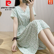 皮爾卡丹（pierre cardin）新款夏季高端棉綢連衣裙女氣質(zhì)收腰碎花中長(cháng)外穿綿綢大擺裙子女裝 F-白底楊柳葉 2XL 建議125-135斤