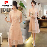 皮爾卡丹大碼時(shí)尚年輕款少女改良旗袍裙女夏裝胖mm文藝復古刺繡蕾絲連衣裙 粉紅色 M 建議90-100斤