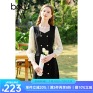 百圖betu女裝春夏新款連衣裙方領(lǐng)雙層蕾絲長袖連衣裙女2302T73 黑色 S