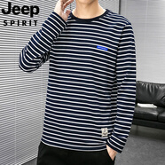 JEEP SPIRIT吉普條紋潮流體恤圓領(lǐng)秋季款衣服長袖T恤男士上衣百搭純棉打底衫 深藍(lán)色 M