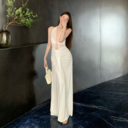 UKUHPK2025小眾優(yōu)雅白色掛脖褶皺鏤空露背長裙女輕禮服宴會裙 白色 S