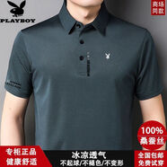 花花公子（PLAYBOY ESTABLISHED 1953）男士短袖t恤中老年高檔桑蠶絲純色翻領(lǐng)刺繡花polo衫上衣 豆綠 均碼 170/88A 建議115-135斤