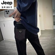 JEEP SPIRIT秋冬款做舊復古高端歐美潮牌牛仔褲男修身小直筒彈力休閑潮流長(cháng)褲 黑色(鑲鉆三角標) (高質(zhì)量) 28