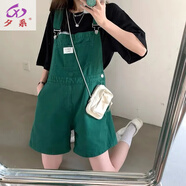夕系韓版牛仔背帶褲女夏小個子2024新款寬松顯瘦BF學生吊帶闊腿短褲潮 綠色【版】 S