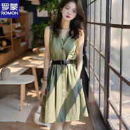 羅蒙（ROMON）軍綠色連衣裙2025夏季新款輕奢高級感遮肉顯瘦今年流行的裙子女款 綠色 送腰帶 S 100斤內