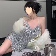 純欲性感吊帶裙閃閃亮片連衣裙女露背掛脖生日小禮服短裙子 銀色 M