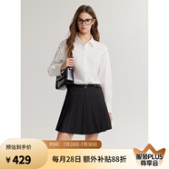 ELLE法式假兩件拼接鏤空連衣裙女2024秋季新款襯衫式長袖百褶裙子 深灰 S